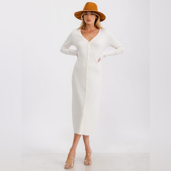 SALE! 032. WOMEN'S LONG SLEEVE BUTTON UP RIBBED CARDIGAN - WHITE - Picture 3 of 4